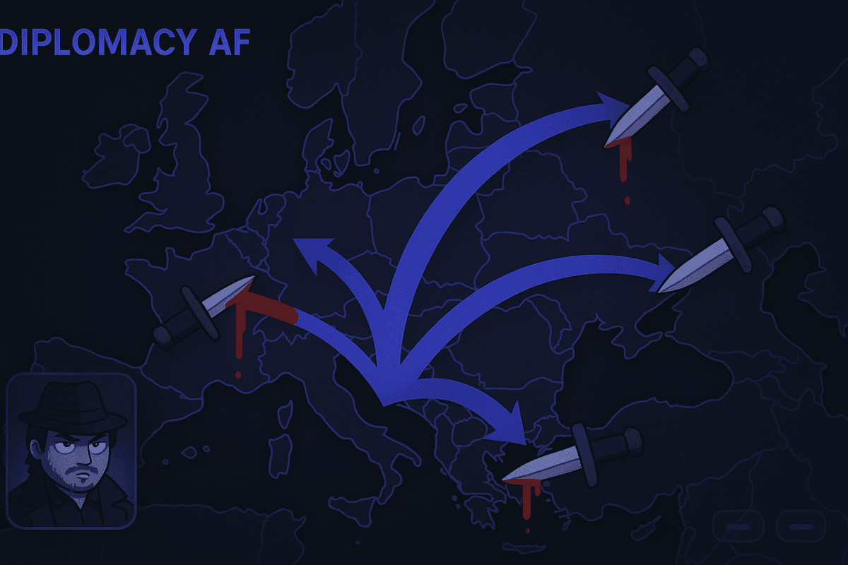 Strategic map of Europe for Diplomacy AF with arrows and daggers