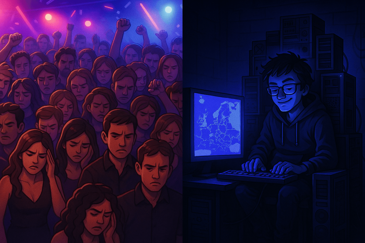 Split screen showing party scene and lone gamer conquering Europe