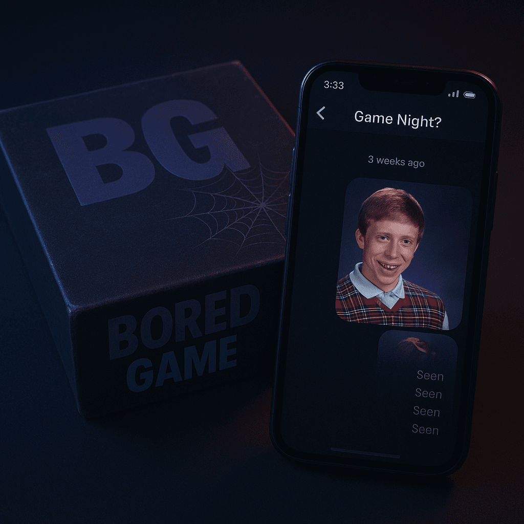 Dusty strategy game box with cobwebs and ignored group chat